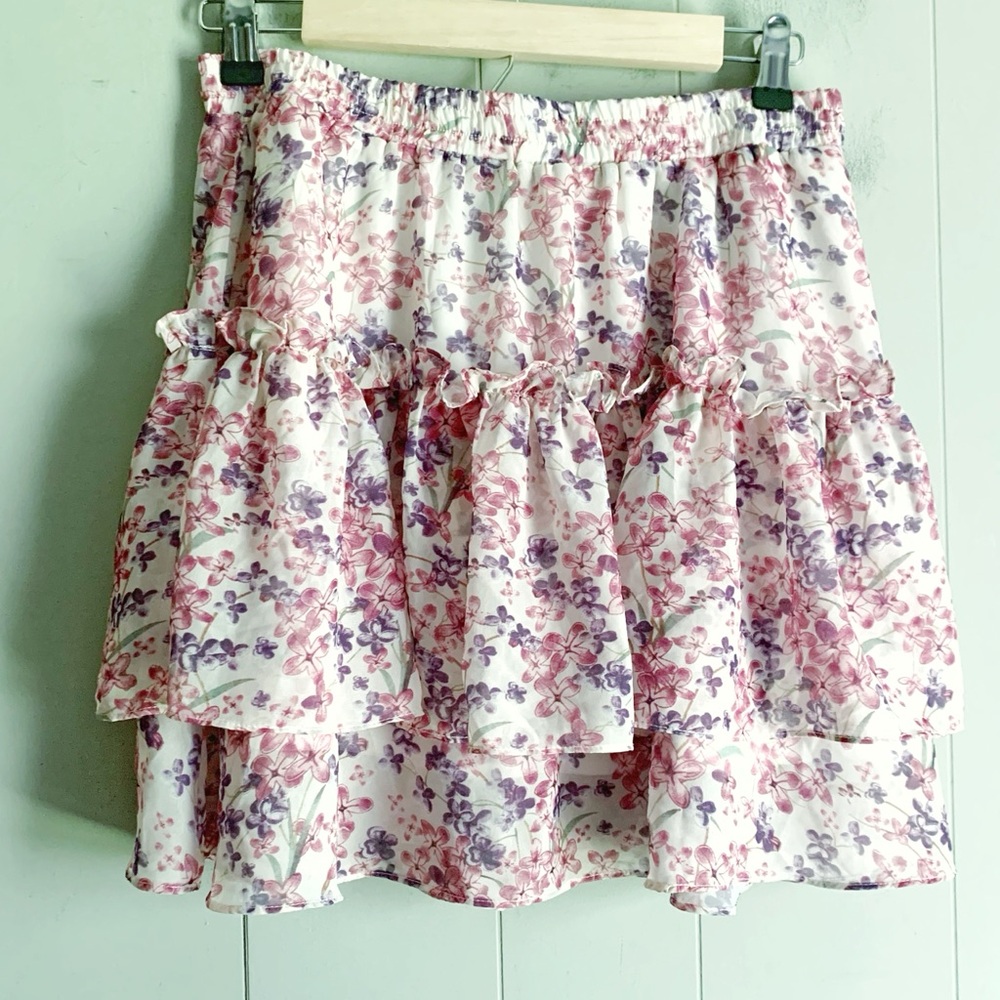 Pink Floral Tiered Ruffle Mini Skirt M